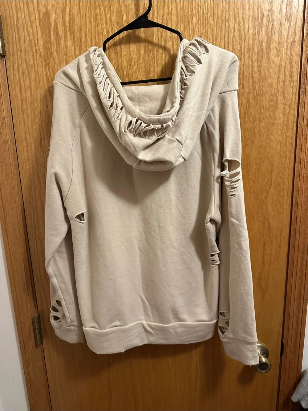 Distressed Cream Hoodie Sweater - Relaxed Crew Neck